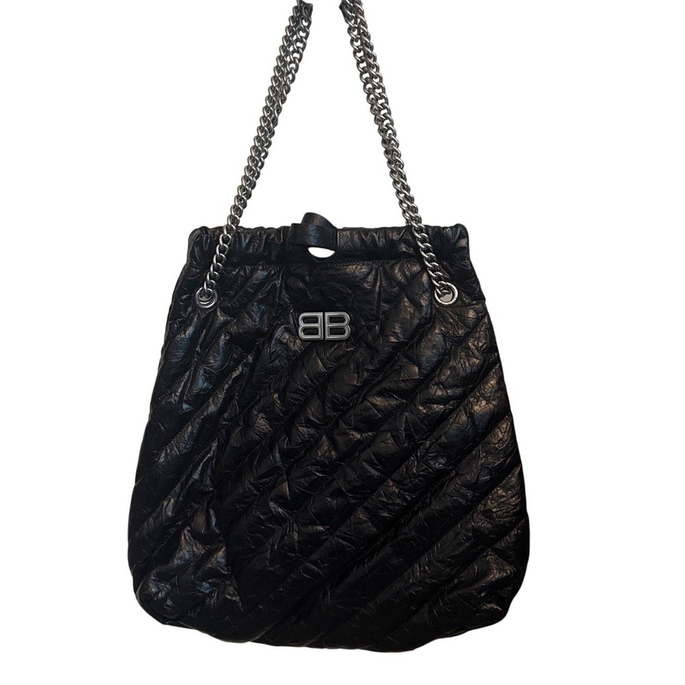 Balenciaga Crush Large Tote Bag Black Quilted Crushed Calfskin Silver Chain